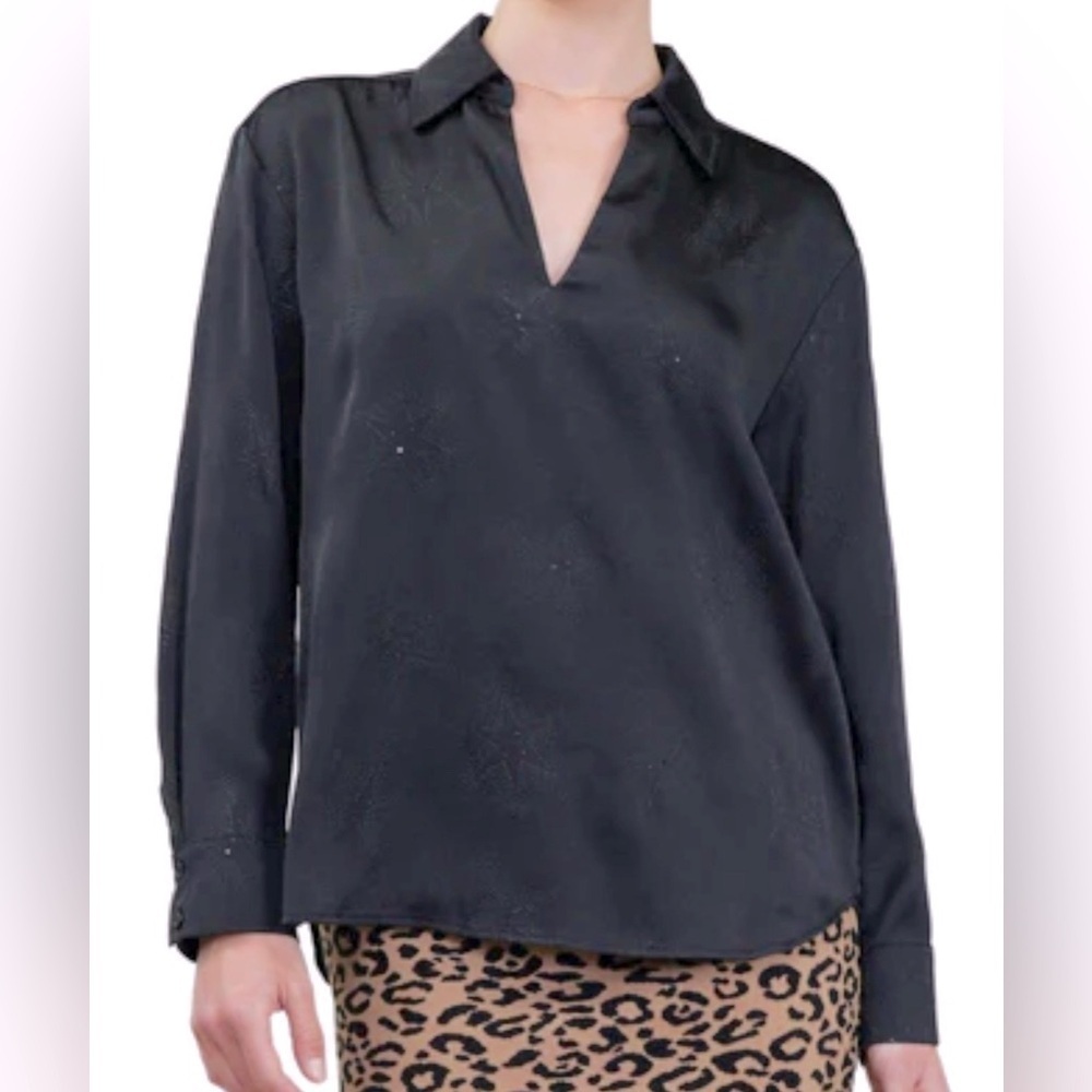 Current Air Black Long Sleeve Blouse with Textured Star Detail